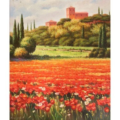 Canvas Oil Painting Tuscany Cypress Poppy Field 24"x20" - Eva Essentials